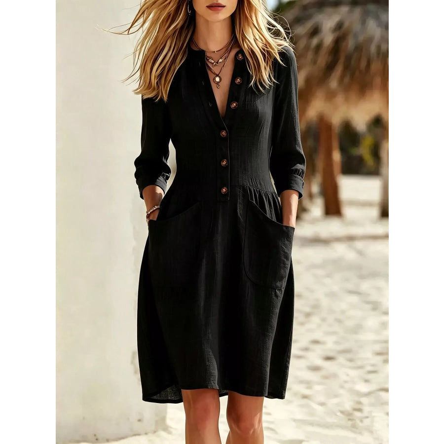 Full Size Button Front Long Sleeve Dress Plus Black / S Apparel and Accessories