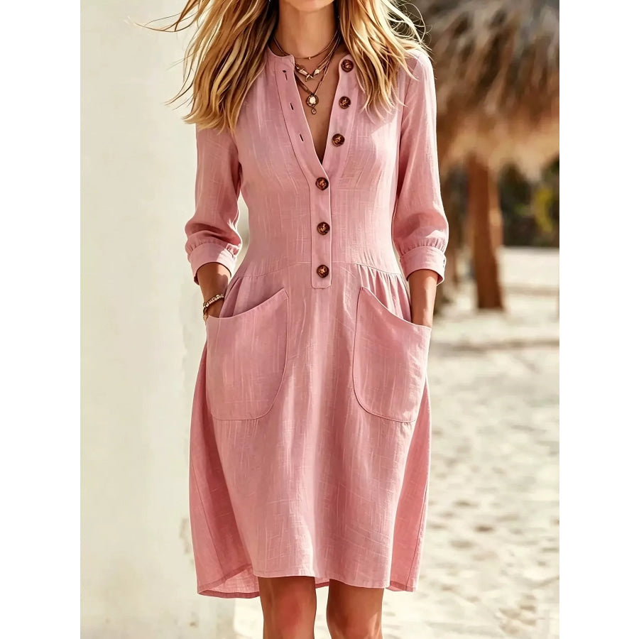Full Size Button Front Long Sleeve Dress Plus Pink / S Apparel and Accessories