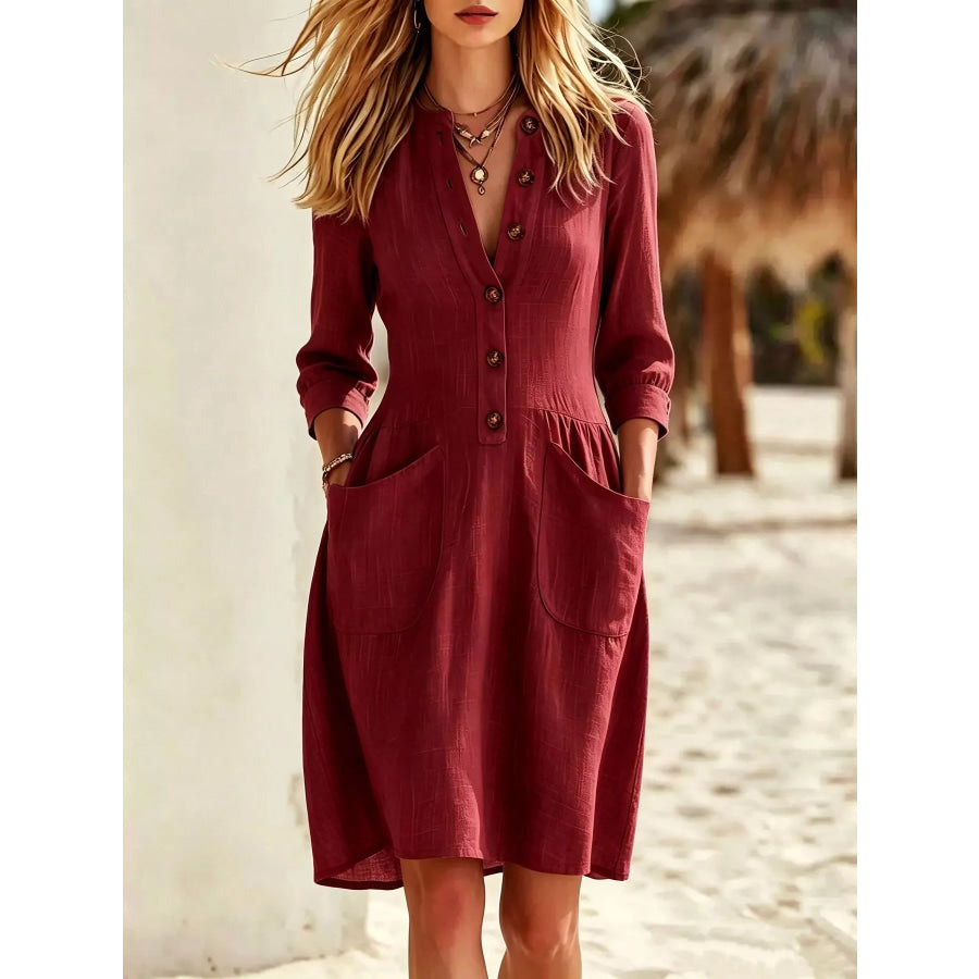 Full Size Button Front Long Sleeve Dress Plus Wine Red / S Apparel and Accessories