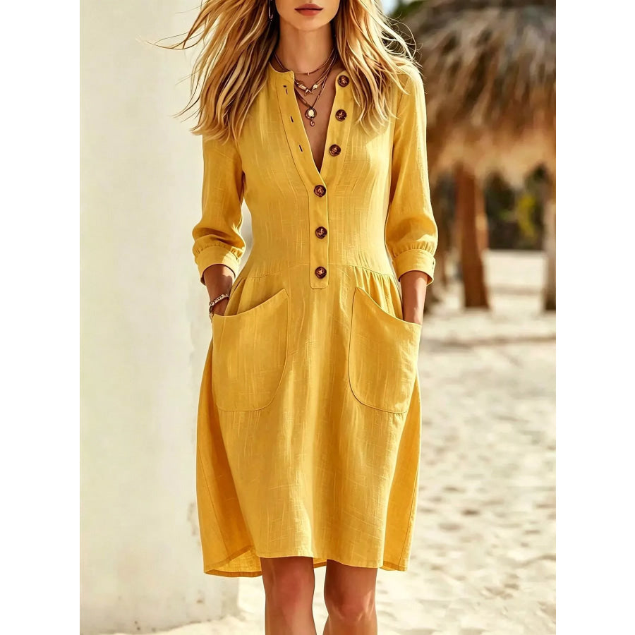 Full Size Button Front Long Sleeve Dress Plus Yellow / S Apparel and Accessories