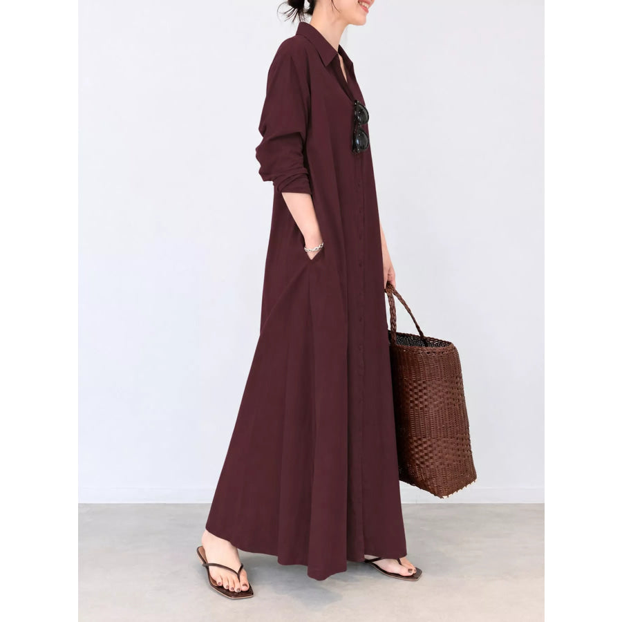 Full Size Button Front Long Sleeve Maxi Shirt Dress Plus Wine Red / S Apparel and Accessories