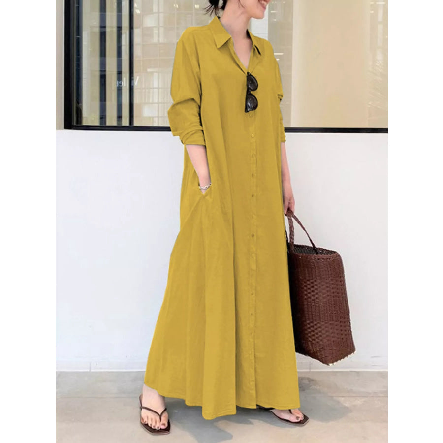 Full Size Button Front Long Sleeve Maxi Shirt Dress Plus Golden Yellow / S Apparel and Accessories