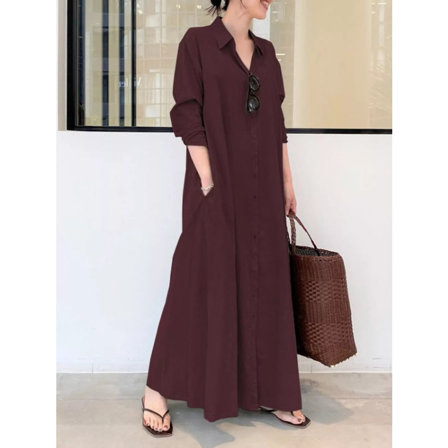 Full Size Button Front Long Sleeve Maxi Shirt Dress Plus Wine Red / S Apparel and Accessories