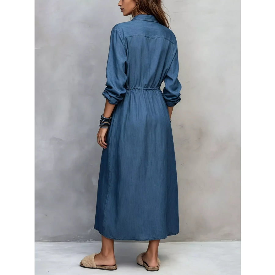 Full Size Button Front Long Sleeve Shirt Dress Plus Navy / S Apparel and Accessories