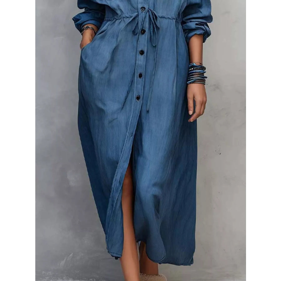 Full Size Button Front Long Sleeve Shirt Dress Plus Apparel and Accessories