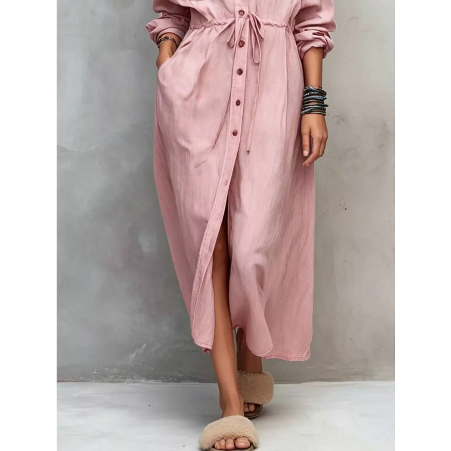 Full Size Button Front Long Sleeve Shirt Dress Plus Apparel and Accessories