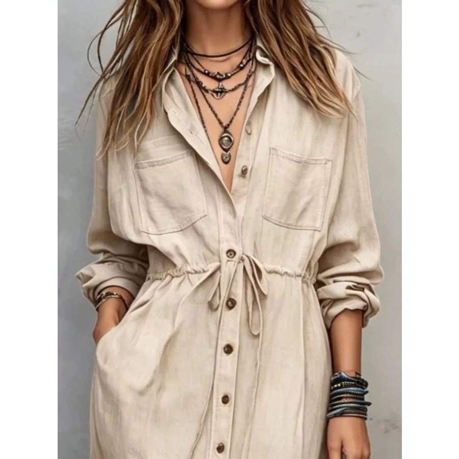 Full Size Button Front Long Sleeve Shirt Dress Plus Apparel and Accessories