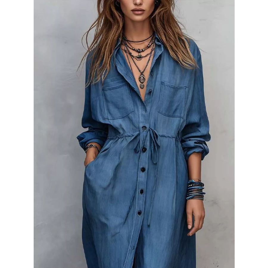 Full Size Button Front Long Sleeve Shirt Dress Plus Apparel and Accessories