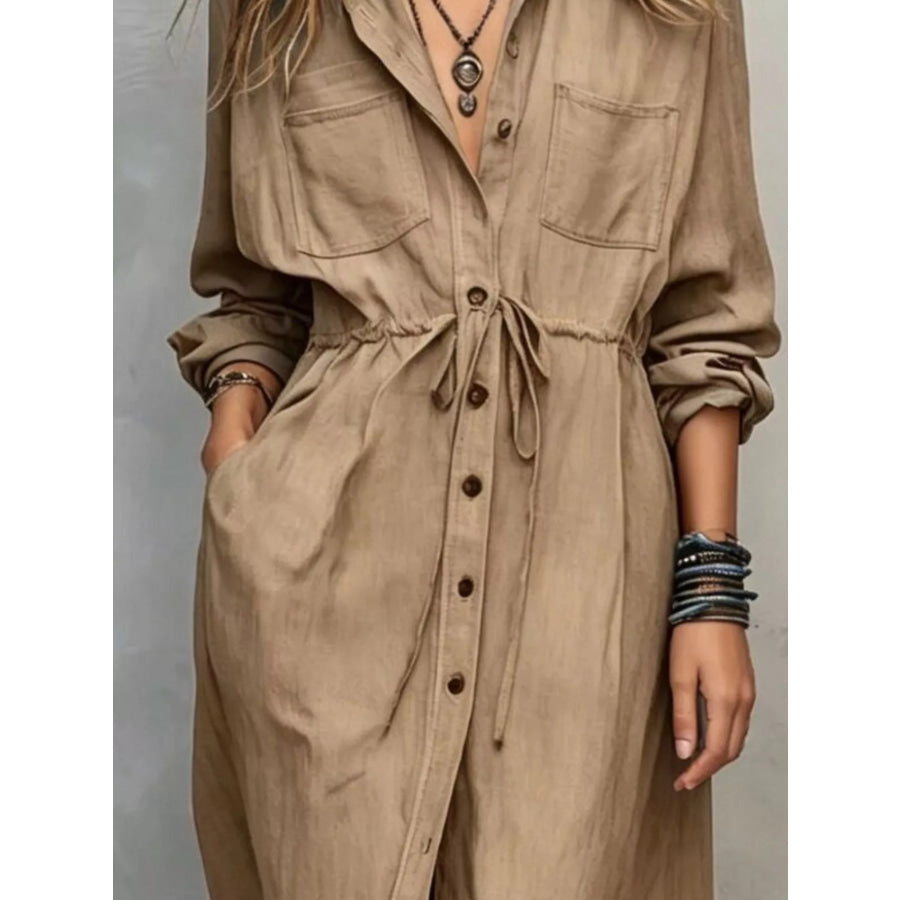 Full Size Button Front Long Sleeve Shirt Dress Plus Apparel and Accessories