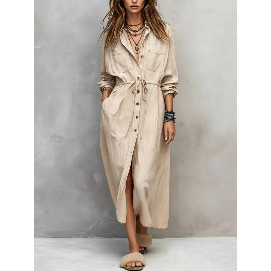 Full Size Button Front Long Sleeve Shirt Dress Plus Apricot / S Apparel and Accessories