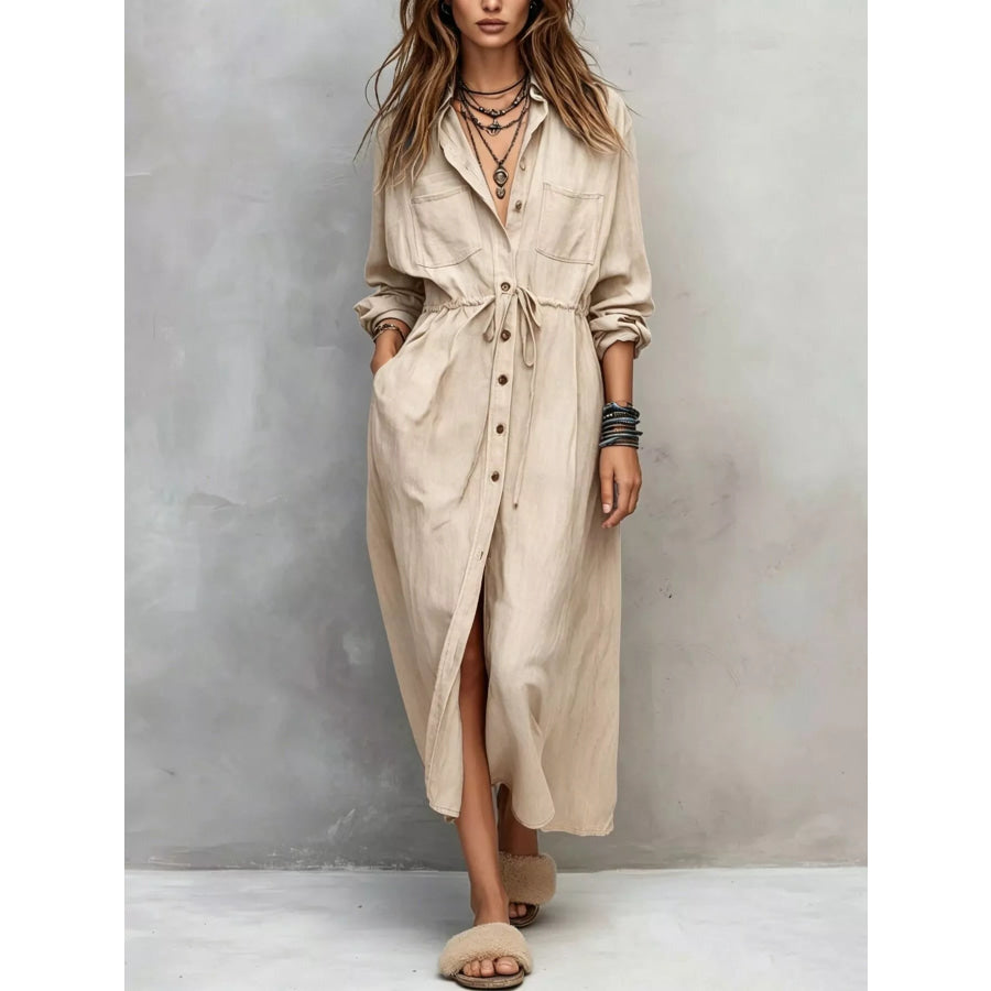 Full Size Button Front Long Sleeve Shirt Dress Plus Beige / S Apparel and Accessories
