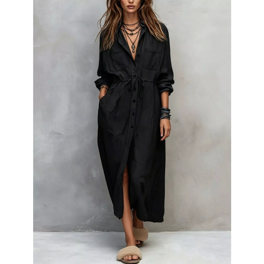 Full Size Button Front Long Sleeve Shirt Dress Plus Black / S Apparel and Accessories