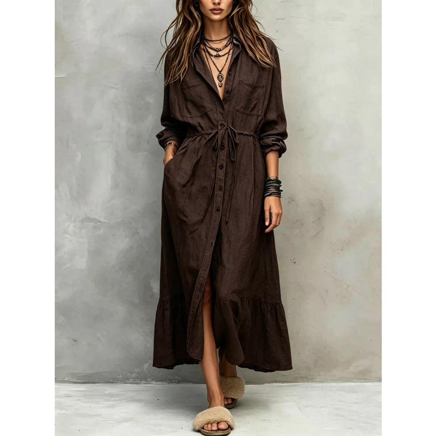 Full Size Button Front Long Sleeve Shirt Dress Plus Brown / S Apparel and Accessories