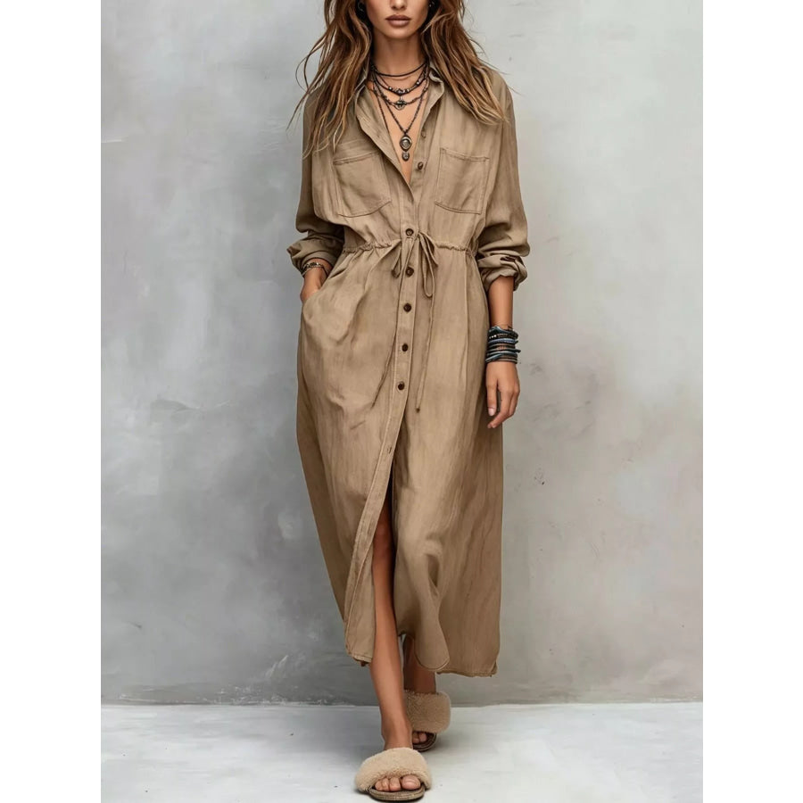Full Size Button Front Long Sleeve Shirt Dress Plus Camel / S Apparel and Accessories