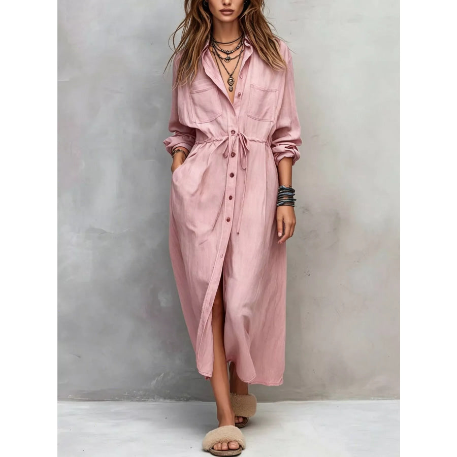 Full Size Button Front Long Sleeve Shirt Dress Plus Dusty Pink / S Apparel and Accessories