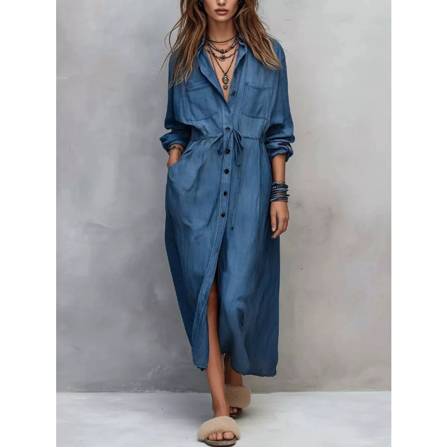 Full Size Button Front Long Sleeve Shirt Dress Plus Navy / S Apparel and Accessories