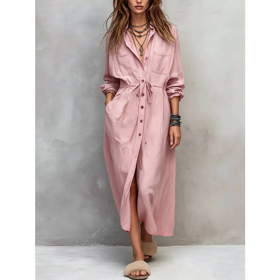 Full Size Button Front Long Sleeve Shirt Dress Plus Pink / S Apparel and Accessories