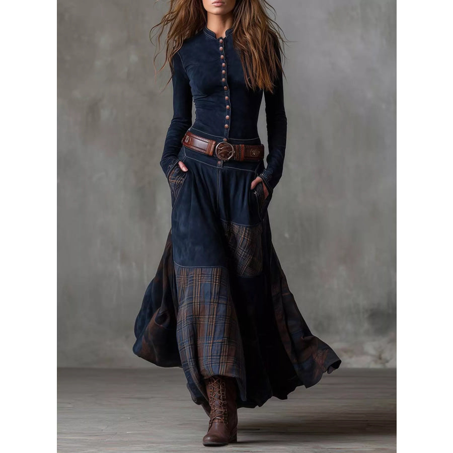 Full Size Button Front Plaid Patchwork Maxi Dress Plus Size Royal Blue / S Apparel and Accessories