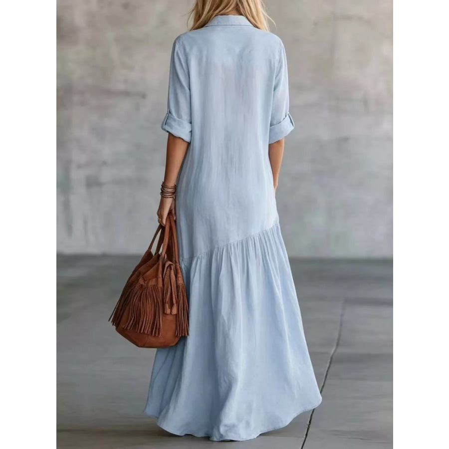 Full Size Button Front Roll-Up Sleeve Maxi Dress Plus Size Apparel and Accessories