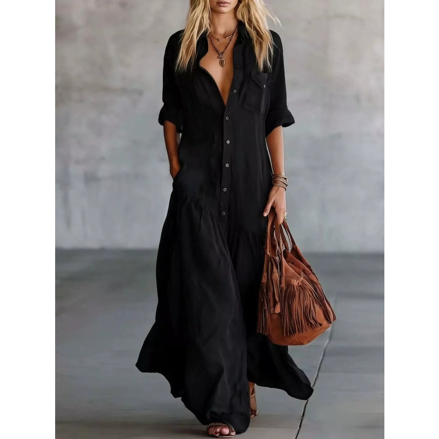 Full Size Button Front Roll-Up Sleeve Maxi Dress Plus Size Black / S Apparel and Accessories