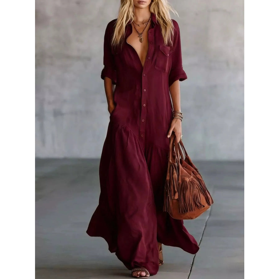 Full Size Button Front Roll-Up Sleeve Maxi Dress Plus Size Burgundy / S Apparel and Accessories