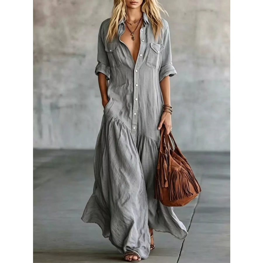 Full Size Button Front Roll-Up Sleeve Maxi Dress Plus Size Gray / S Apparel and Accessories