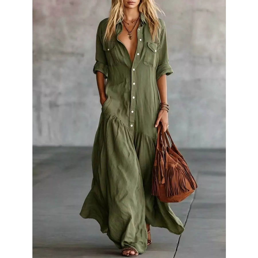 Full Size Button Front Roll-Up Sleeve Maxi Dress Plus Size Green / S Apparel and Accessories