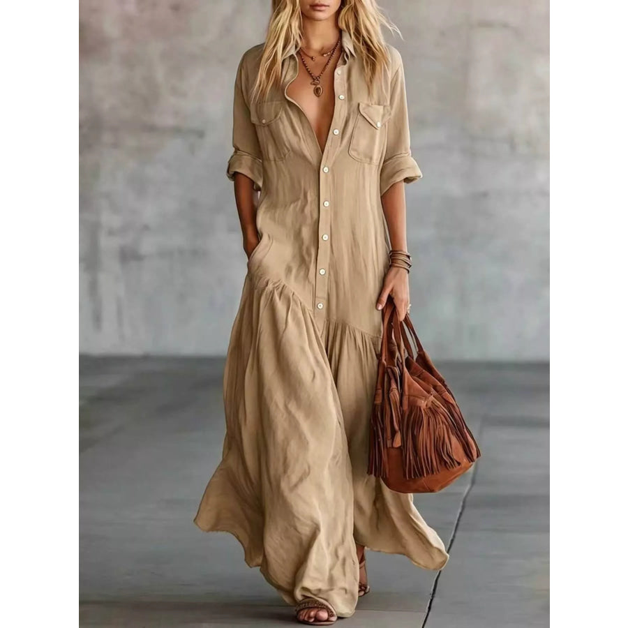 Full Size Button Front Roll-Up Sleeve Maxi Dress Plus Size Khaki / S Apparel and Accessories