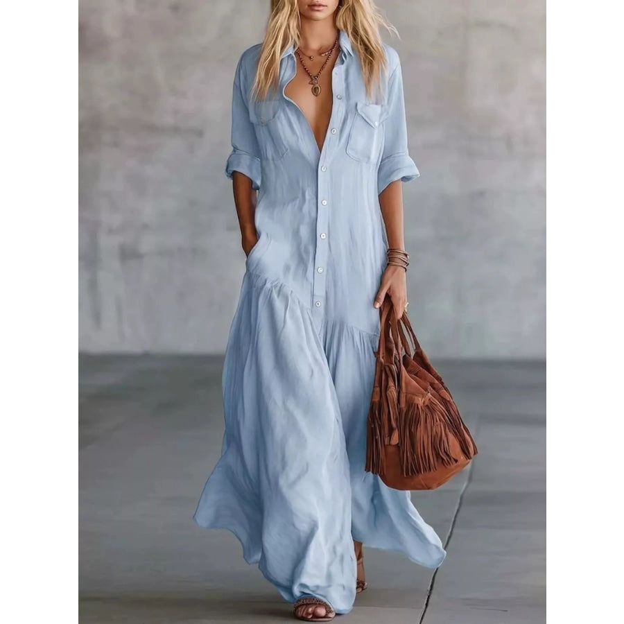 Full Size Button Front Roll-Up Sleeve Maxi Dress Plus Size Light Blue / S Apparel and Accessories