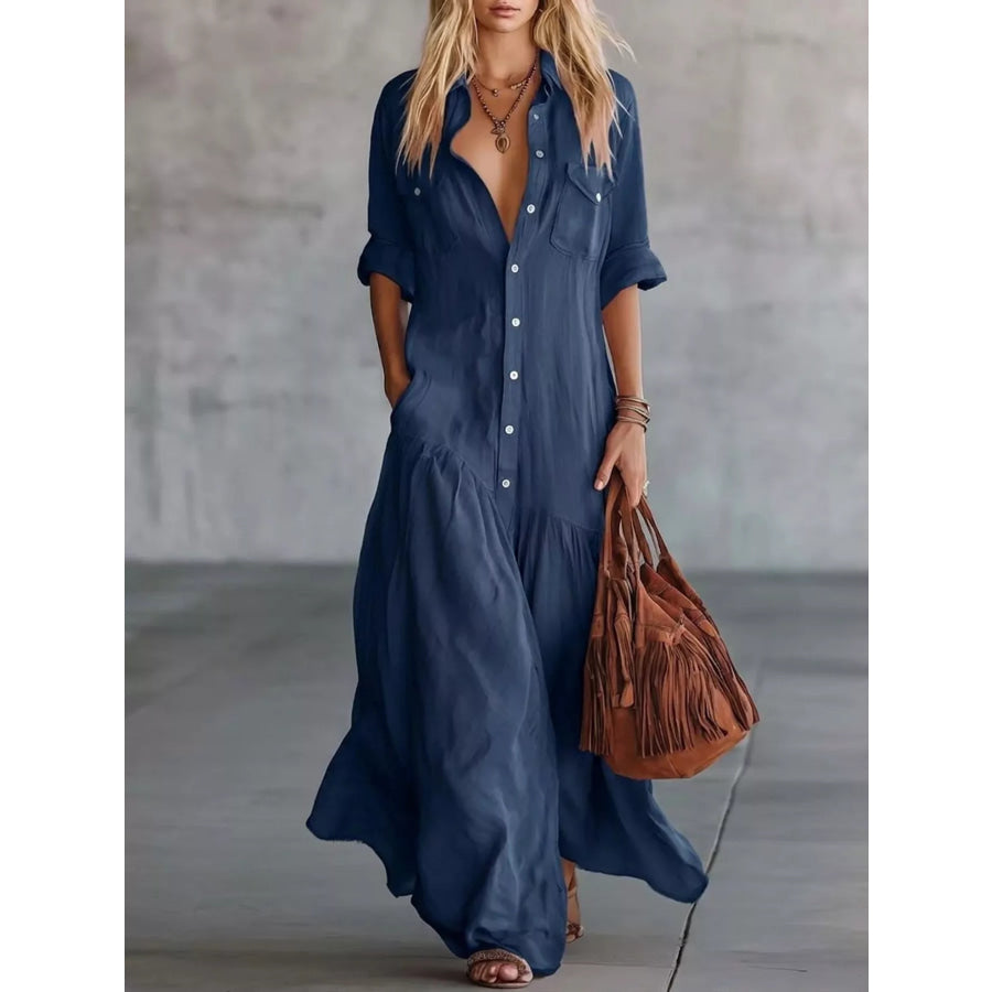 Full Size Button Front Roll-Up Sleeve Maxi Dress Plus Size Navy / S Apparel and Accessories