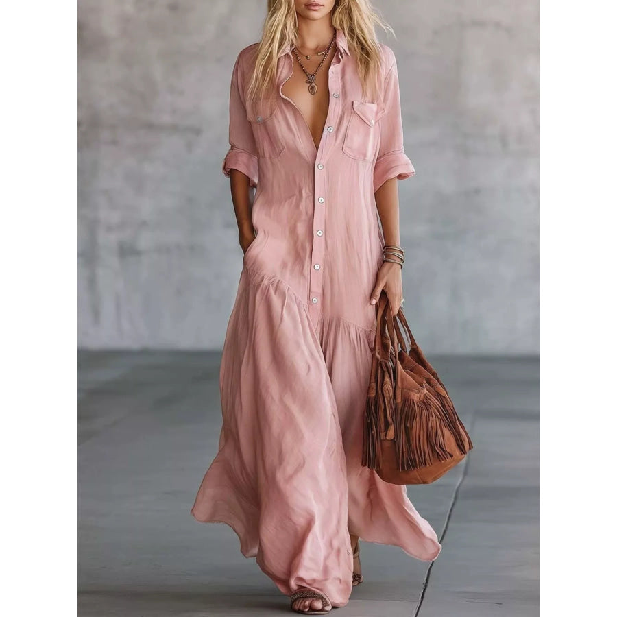 Full Size Button Front Roll-Up Sleeve Maxi Dress Plus Size Pink / S Apparel and Accessories