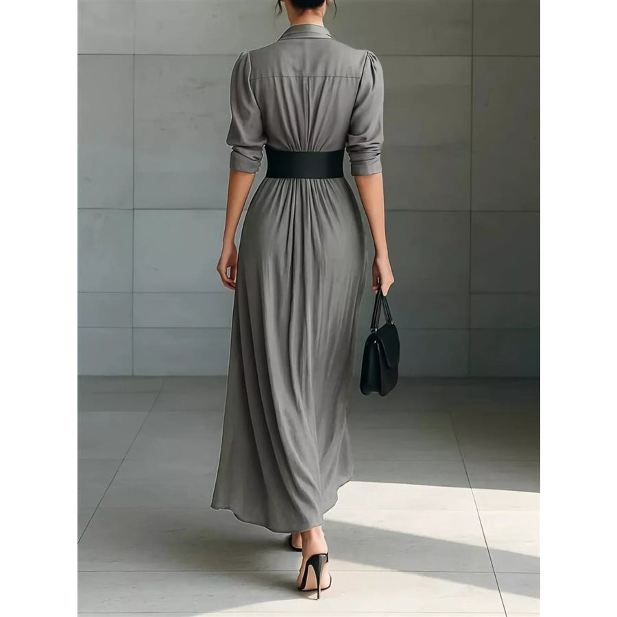 Full Size Button Front Ruched Shirt Maxi Dress Plus Size Apparel and Accessories