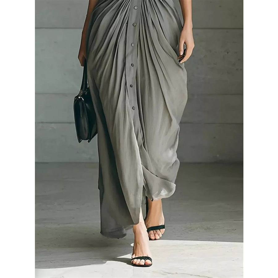 Full Size Button Front Ruched Shirt Maxi Dress Plus Size Apparel and Accessories