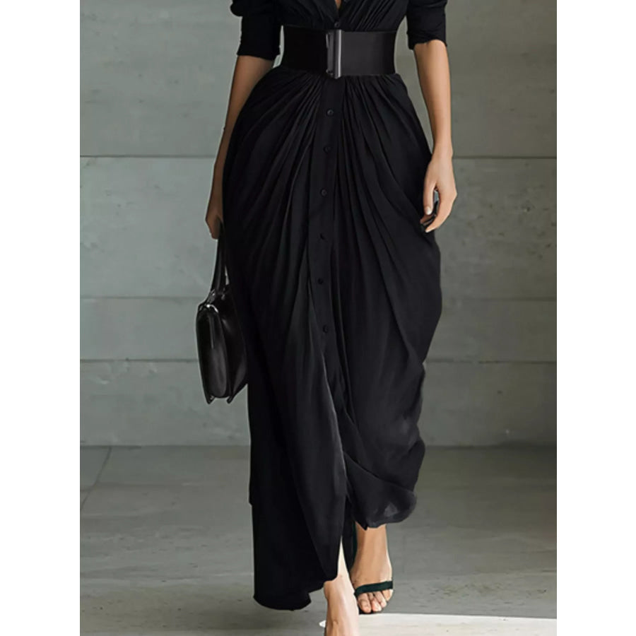 Full Size Button Front Ruched Shirt Maxi Dress Plus Size Apparel and Accessories
