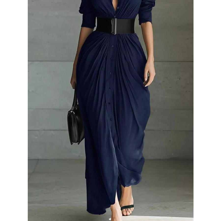 Full Size Button Front Ruched Shirt Maxi Dress Plus Size Apparel and Accessories