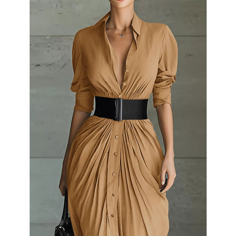 Full Size Button Front Ruched Shirt Maxi Dress Plus Size Apparel and Accessories
