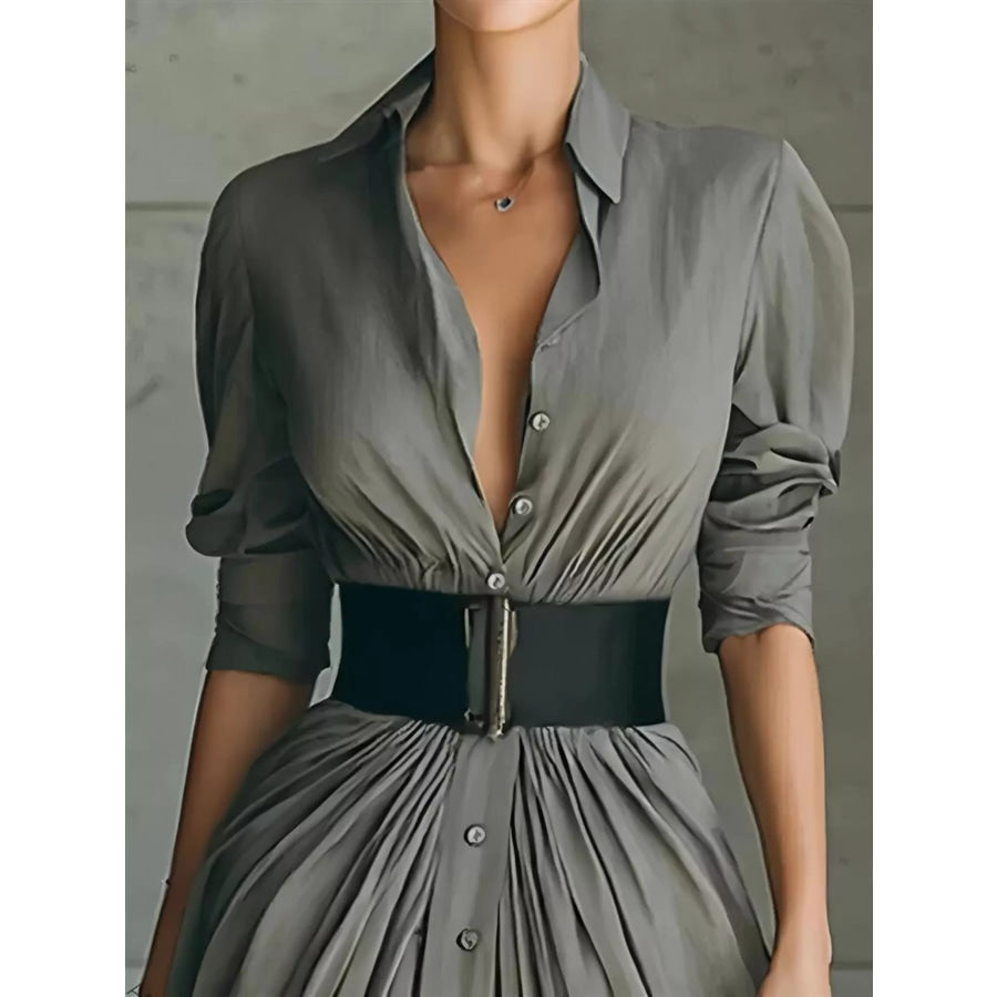 Full Size Button Front Ruched Shirt Maxi Dress Plus Size Apparel and Accessories