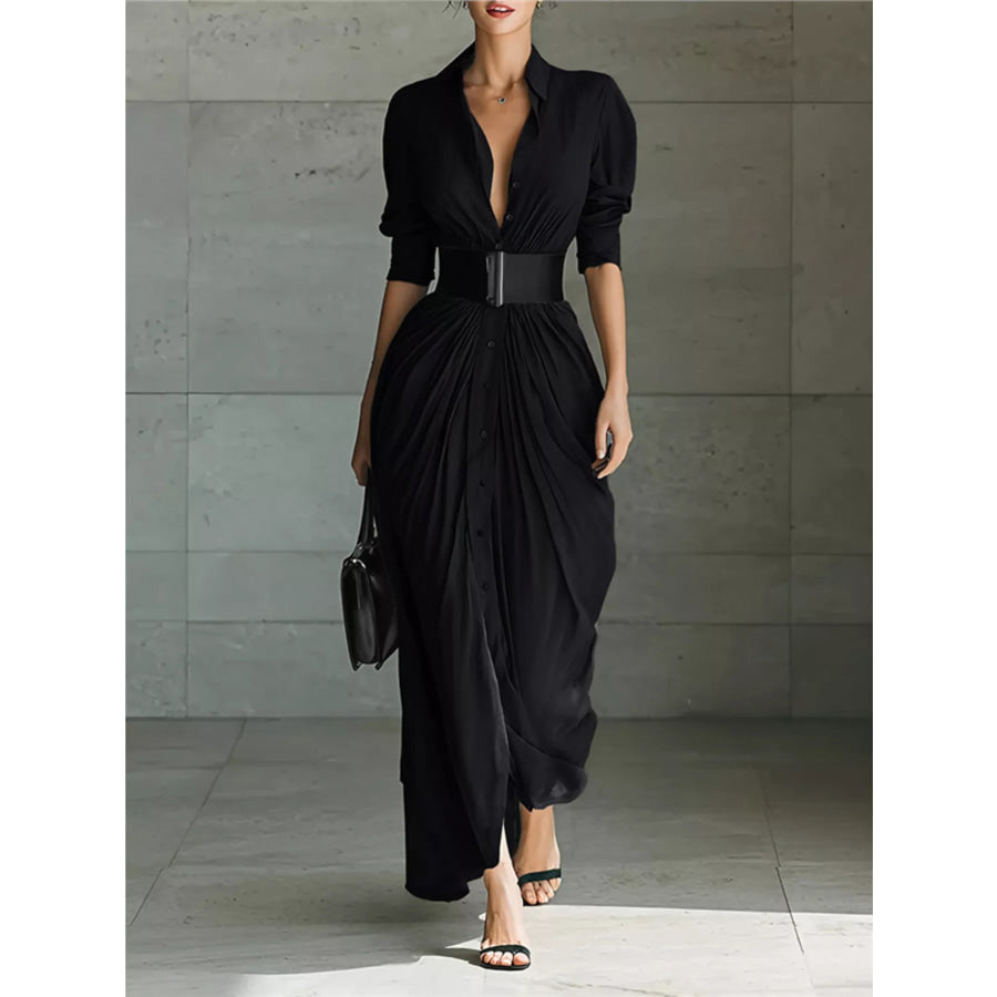 Full Size Button Front Ruched Shirt Maxi Dress Plus Size Black / S Apparel and Accessories