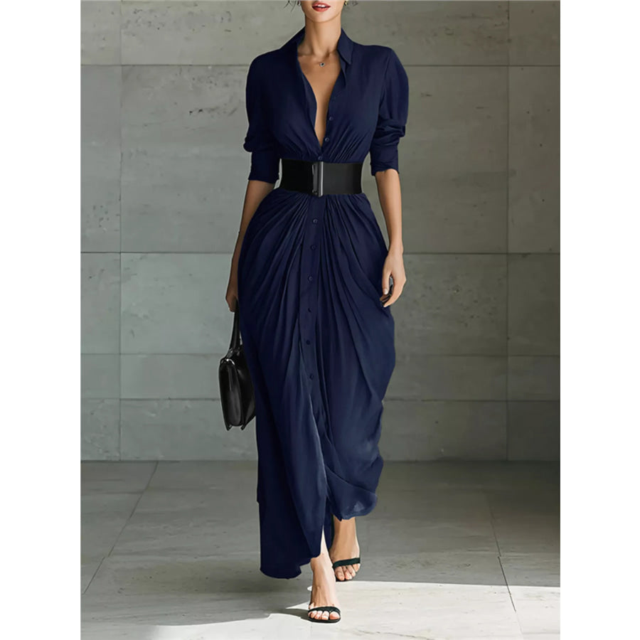 Full Size Button Front Ruched Shirt Maxi Dress Plus Size Dark Blue / S Apparel and Accessories