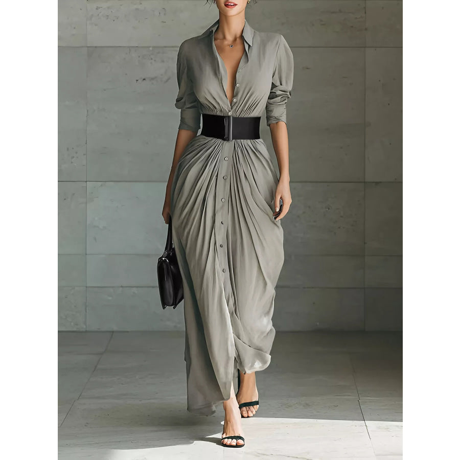 Full Size Button Front Ruched Shirt Maxi Dress Plus Size Gray / S Apparel and Accessories