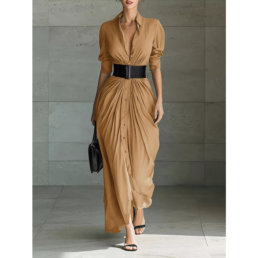 Full Size Button Front Ruched Shirt Maxi Dress Plus Size Tan / S Apparel and Accessories