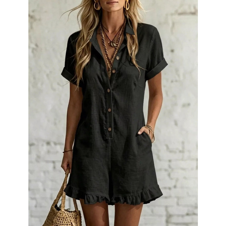 Full Size Button Front Ruffled Hem Romper Plus Size Black / S Apparel and Accessories
