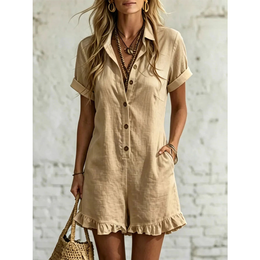 Full Size Button Front Ruffled Hem Romper Plus Size Khaki / S Apparel and Accessories
