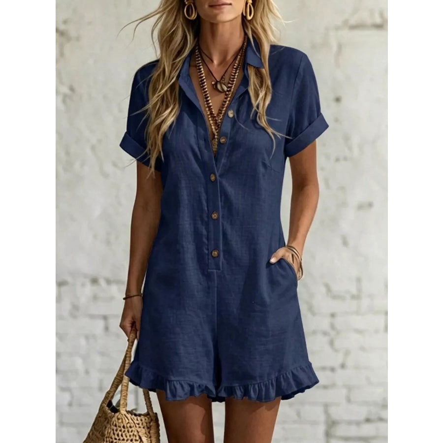 Full Size Button Front Ruffled Hem Romper Plus Size Navy Blue / S Apparel and Accessories