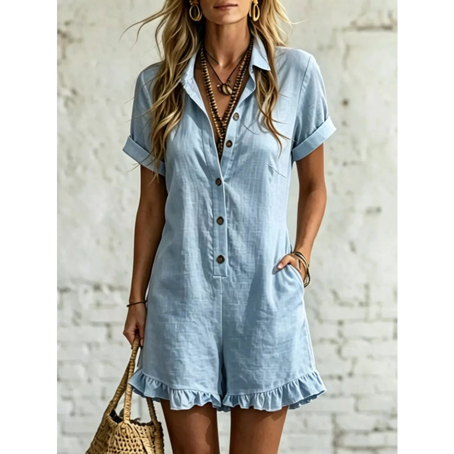 Full Size Button Front Ruffled Hem Romper Plus Size Sky Blue / S Apparel and Accessories