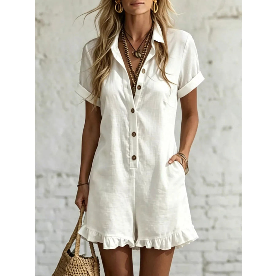 Full Size Button Front Ruffled Hem Romper Plus Size White / S Apparel and Accessories