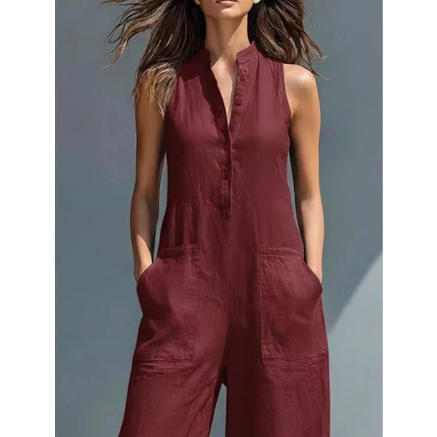 Full Size Button Front Sleeveless Jumpsuit Plus Apparel and Accessories