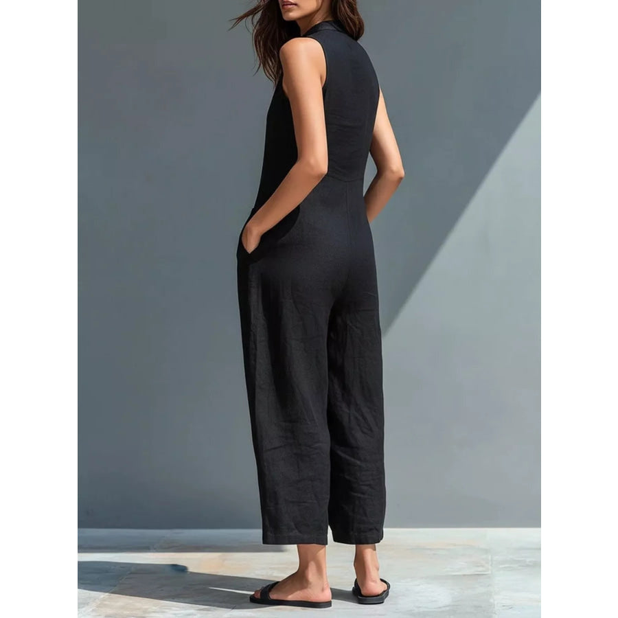 Full Size Button Front Sleeveless Jumpsuit Plus Apparel and Accessories