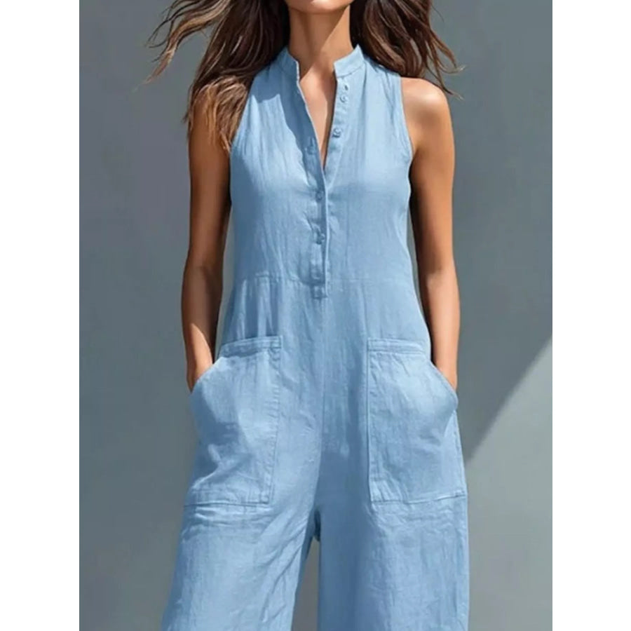 Full Size Button Front Sleeveless Jumpsuit Plus Apparel and Accessories