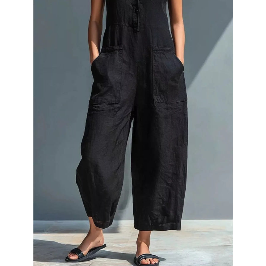 Full Size Button Front Sleeveless Jumpsuit Plus Apparel and Accessories